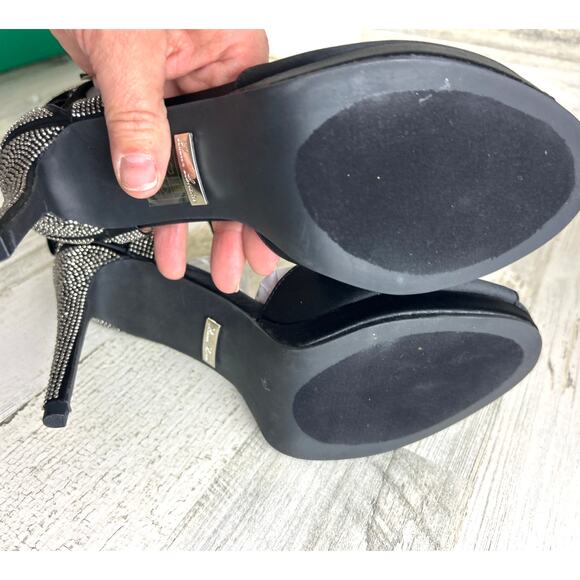 Lauren Lorraine Womens 10 Black Satin Rhinestone Bowtie Buckle Formal Heels NEW - Picture 5 of 9